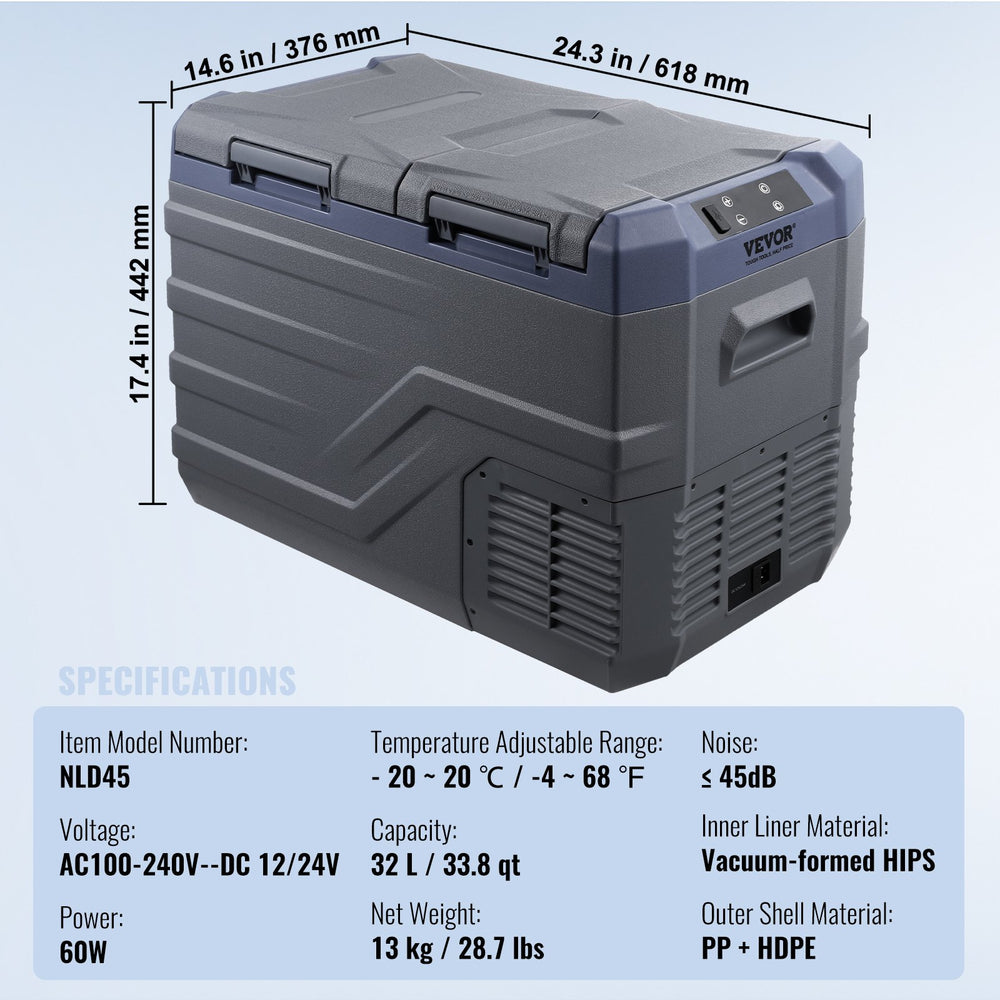 Vevor Car Refrigerator and Freezer 33.8 Qt Portable Dual Zone -4°F to 68°F Adjustable Temperature New