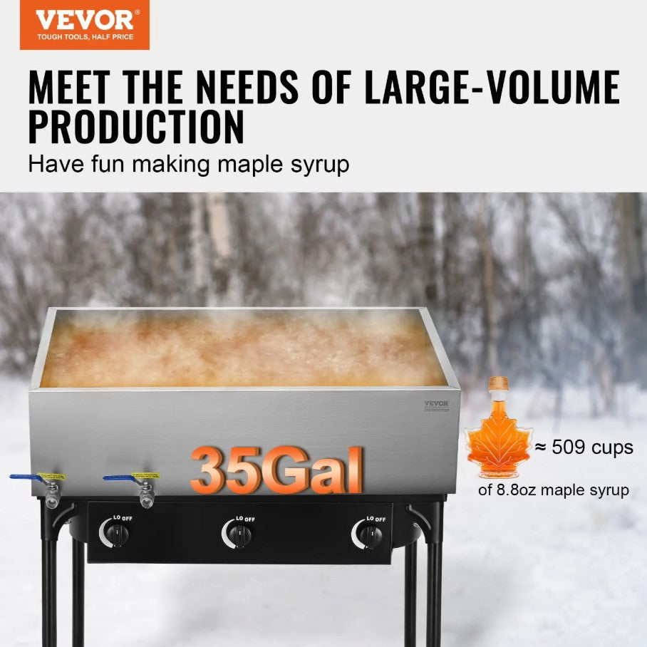 Vevor Maple Syrup Evaporator Pan with 2 Valves Stainless Steel 35 Gal Capacity New