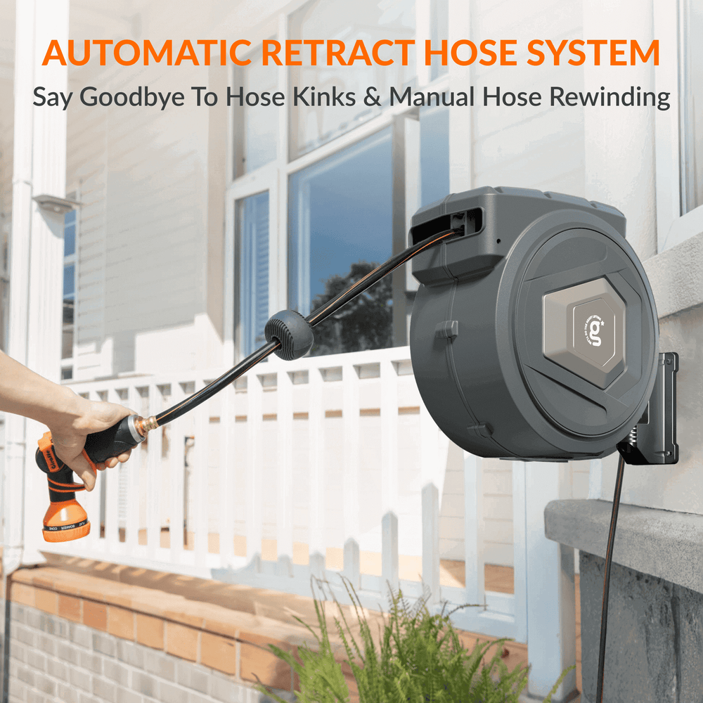 Giraffe Tools Premium Instant Glide Retractable Garden Hose Reel 5/8in 90ft Metal Bracket Dark Grey New