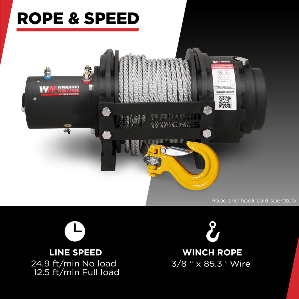 Warrior Winches EH3000 Industrial Hoist 12-Volt 6.1 HP Motor 3000 Lb Capacity New