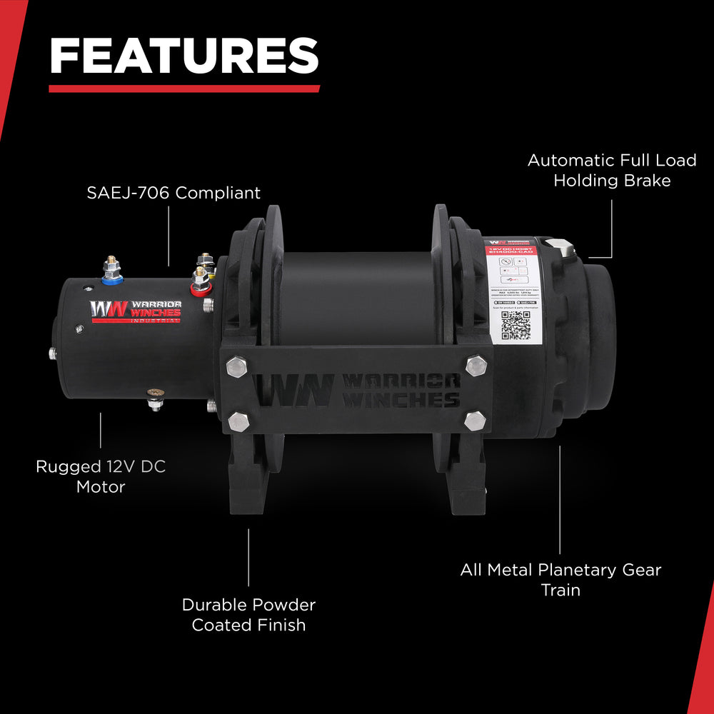 Warrior Winches EH4000 Industrial Hoist 12-Volt 6.1 HP Motor 4000 Lb Capacity New