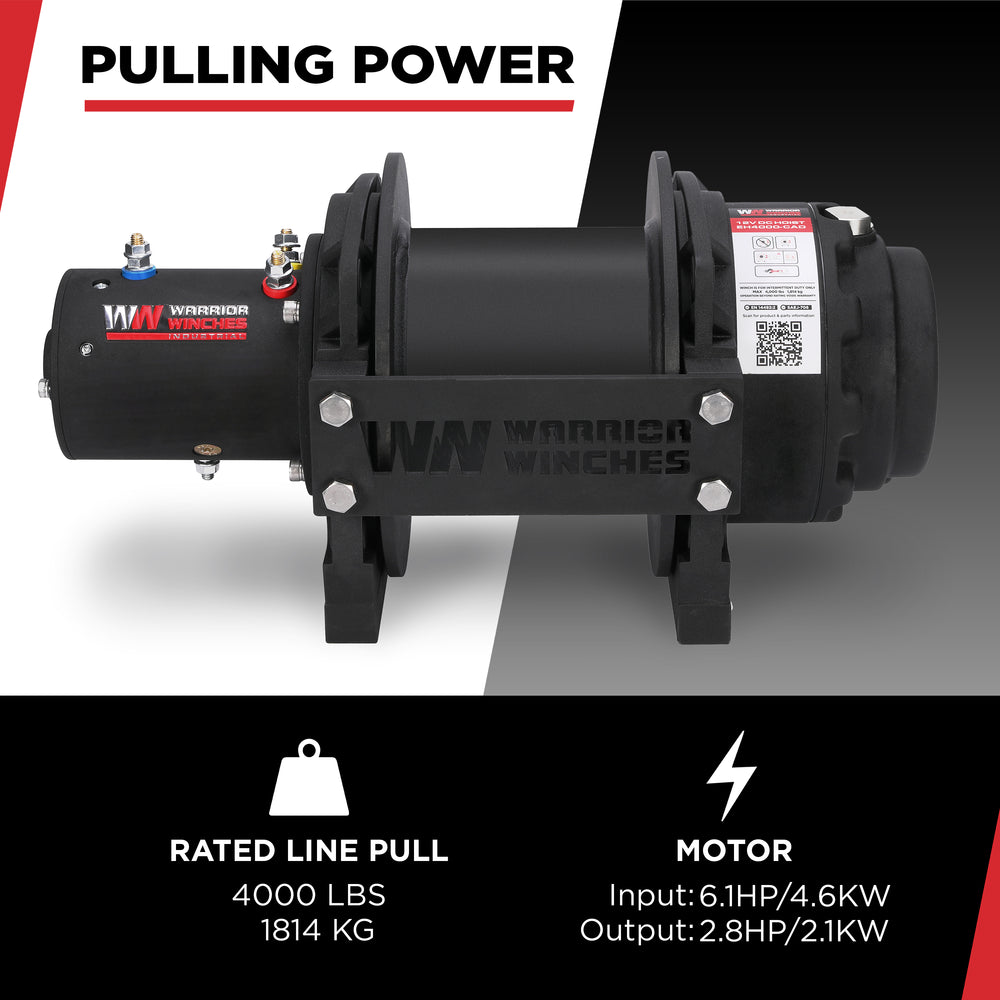Warrior Winches EH4000 Industrial Hoist 12-Volt 6.1 HP Motor 4000 Lb Capacity New
