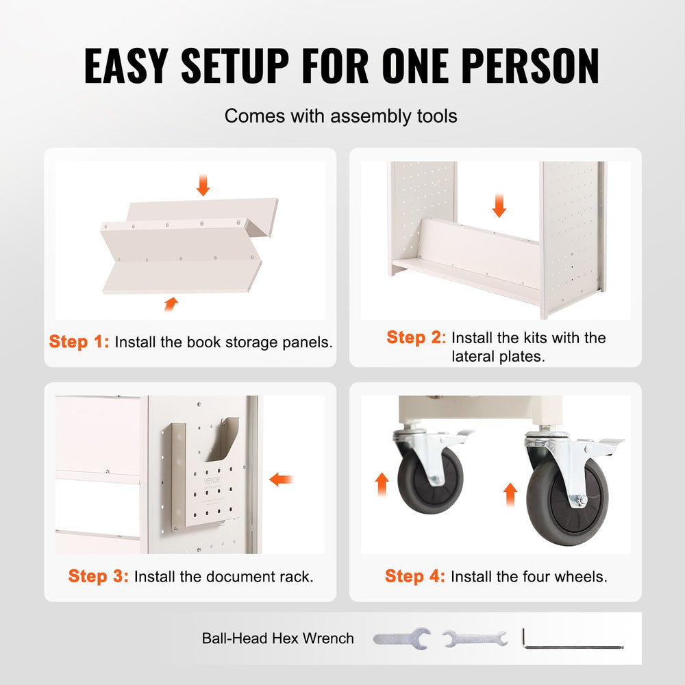 Vevor Book Cart 330 Lbs Capacity 39.4" x 20.1" x 49.2" Double-Sided W-Shaped Shelves with Lockable Wheels New