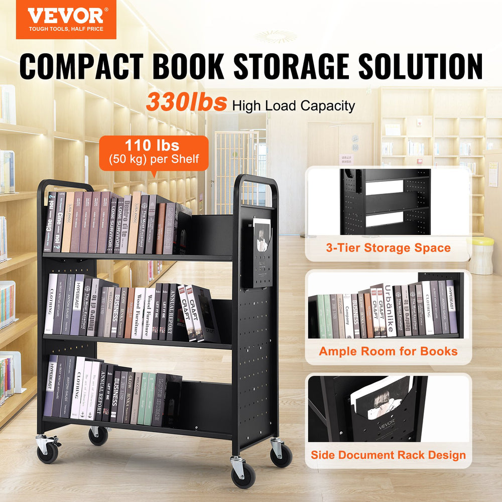 Vevor Book Cart 330 Lbs Capacity 39.4" x 20.1" x 49.2" Double-Sided W-Shaped Shelves with Lockable Wheels New