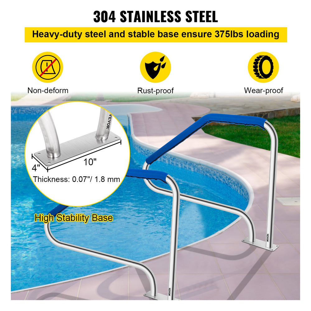 Vevor Pool Rail 49.4" x 34" Rustproof Handrail 375 Lbs Capacity with Blue Nylon Grip Cover New