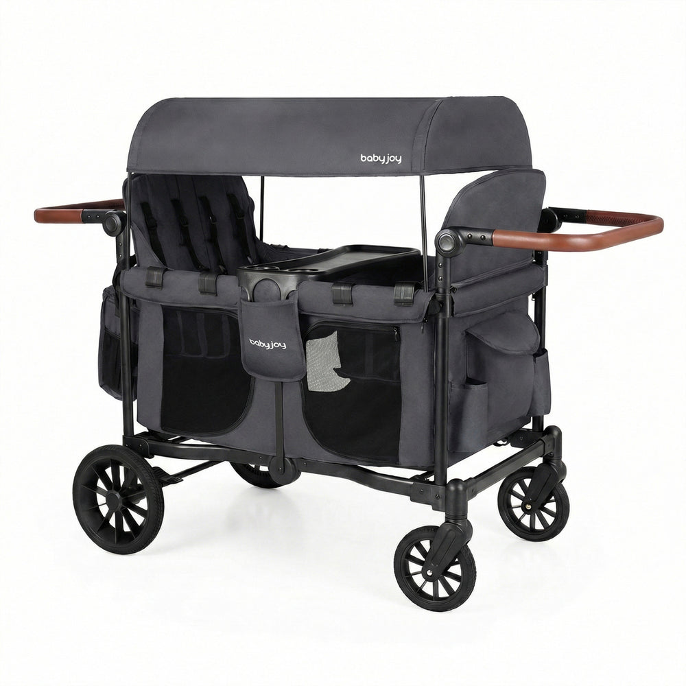 Wagon Stroller for 4 Kids Foldable 4-Seater Push-Pull Toddler Stroller-Gray - Gallery View 1 of 10