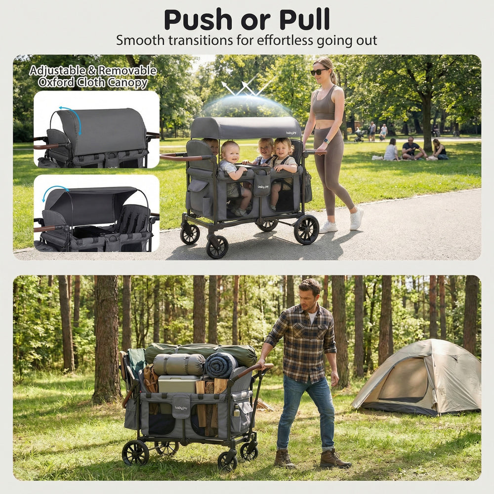 Foldable 4-seater gray wagon stroller with removable canopy, adjustable handles, and storage pockets for kids' outings.
