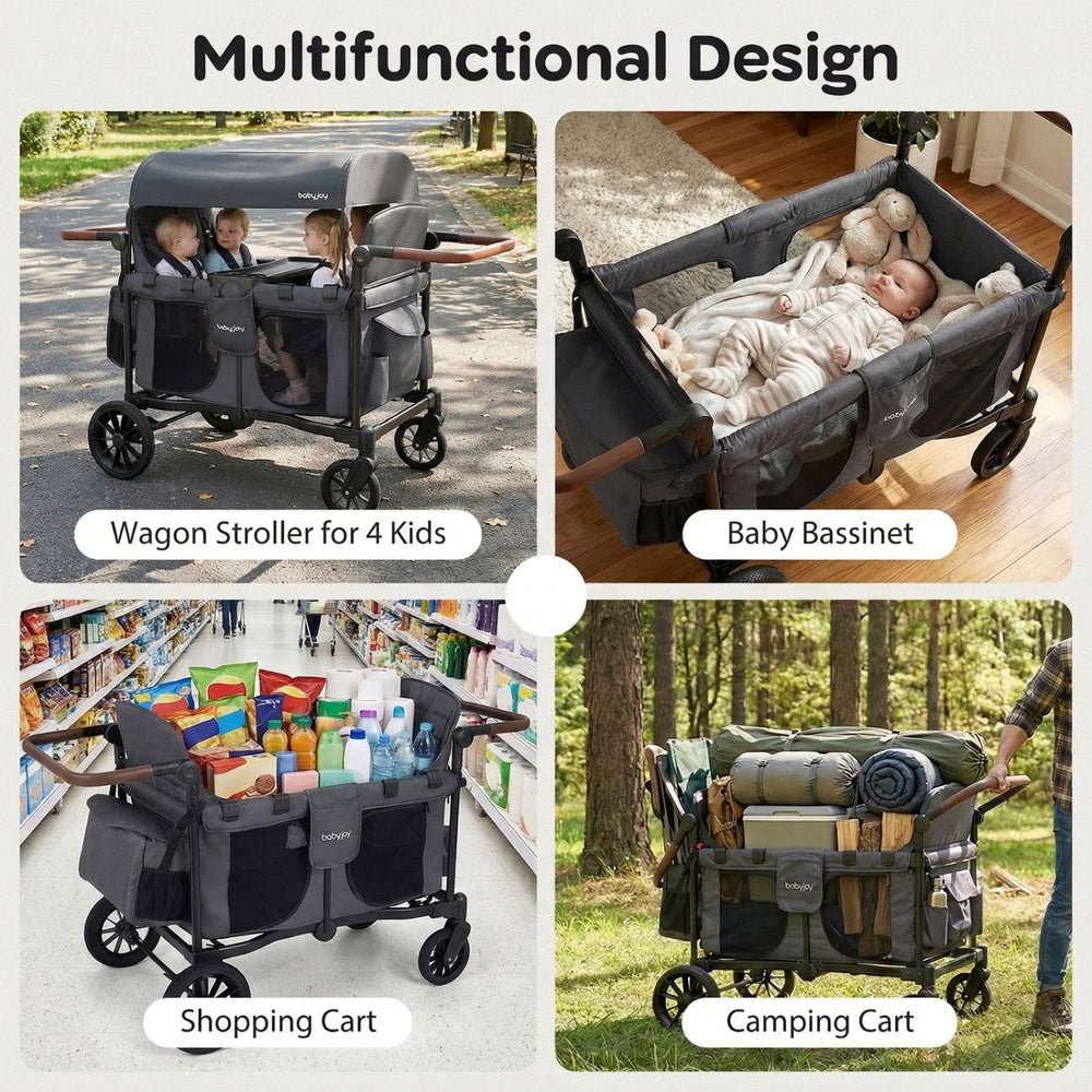 Wagon stroller for 4 kids in gray with removable canopy, adjustable handles, and spacious design for family outings.