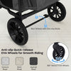 Close-up of the 360° swivel front wheels on the gray foldable wagon stroller, featuring anti-slip EVA wheels for smooth.