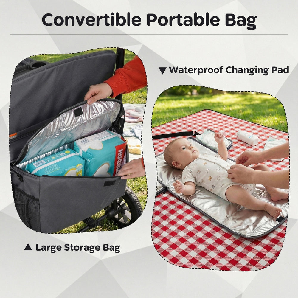 Convertible portable bag with large storage and waterproof changing pad for organizing essentials on the go.