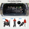 Foldable gray wagon stroller for 4 kids, shown in trunk, features one-button folding for easy storage and transport.
