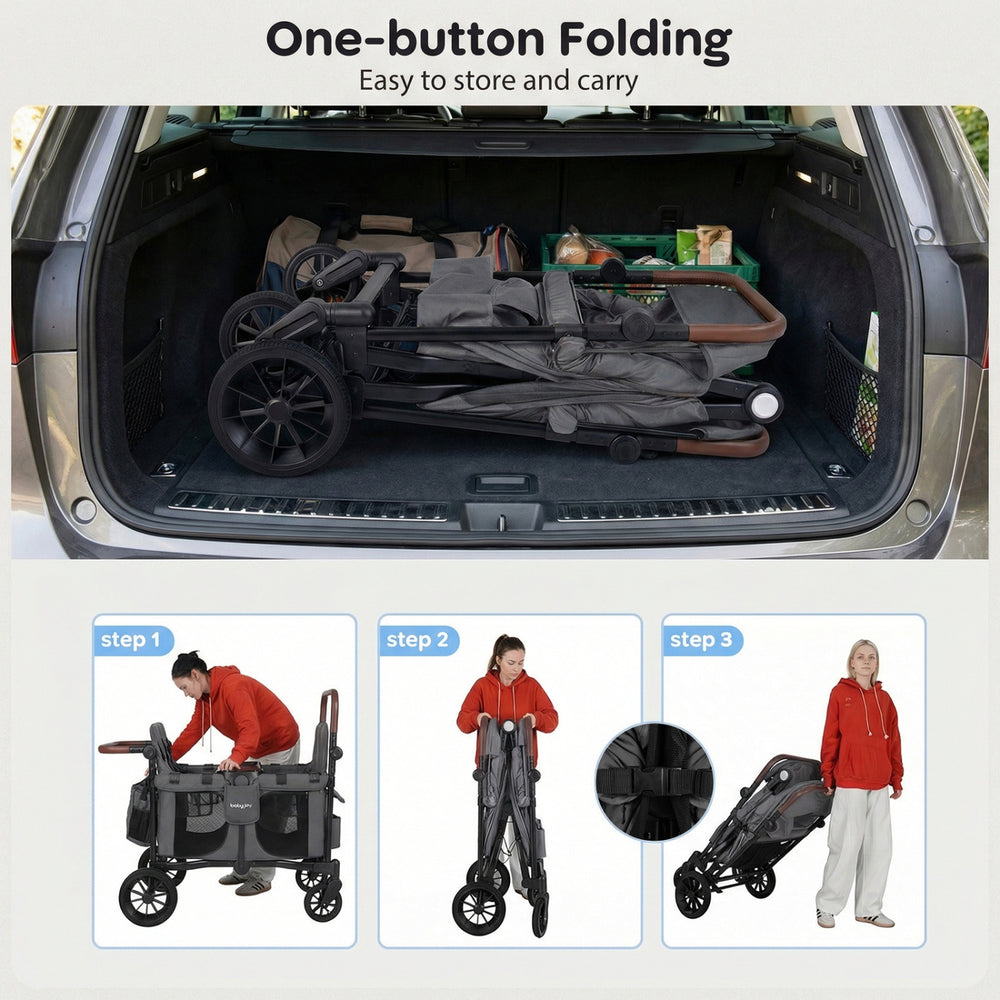 Foldable gray wagon stroller for 4 kids, shown in trunk, features one-button folding for easy storage and transport.