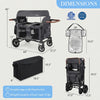 Dimensions of the gray 4-seater wagon stroller, featuring adjustable handles and foldable design for easy storage.