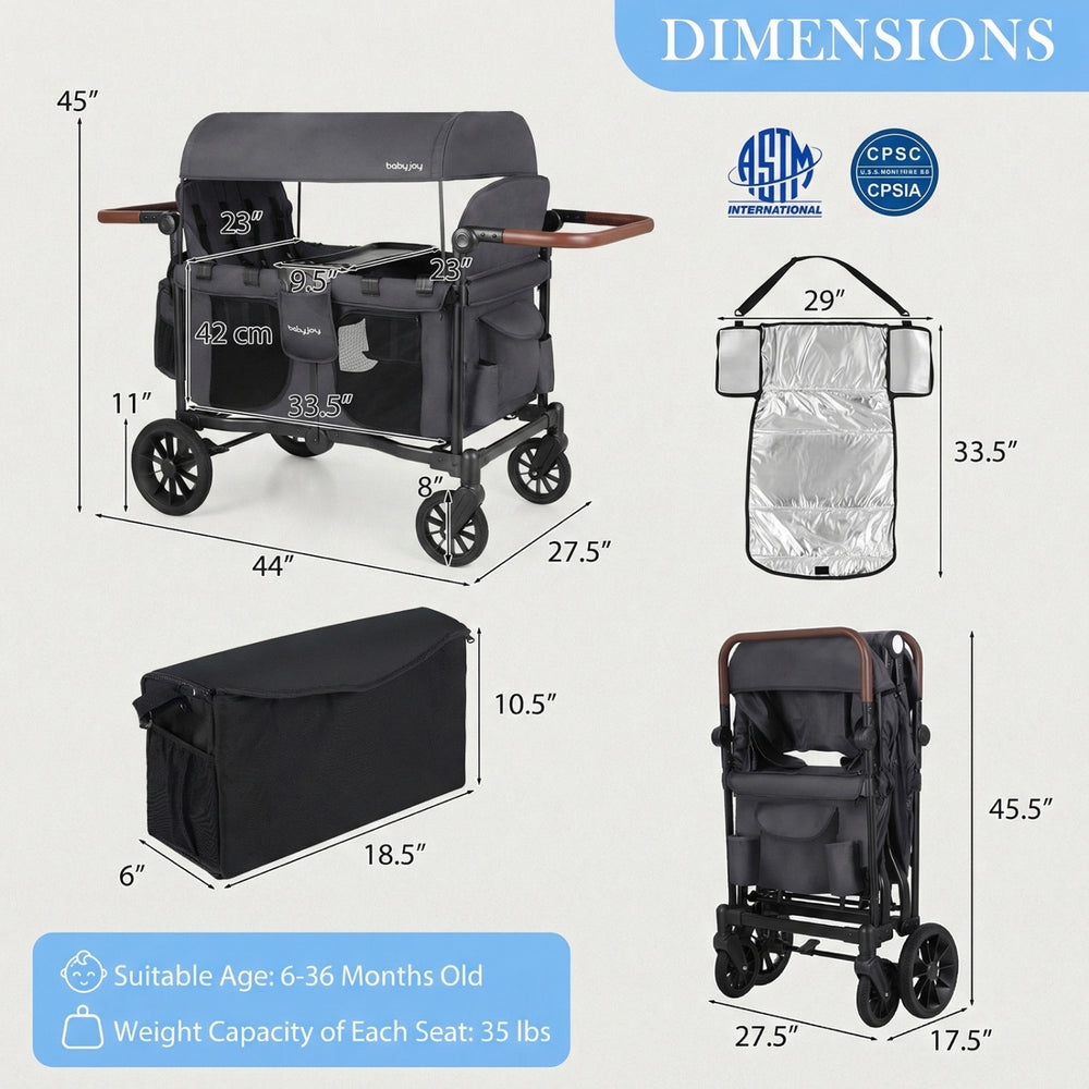 Dimensions of the gray 4-seater wagon stroller, featuring adjustable handles and foldable design for easy storage.