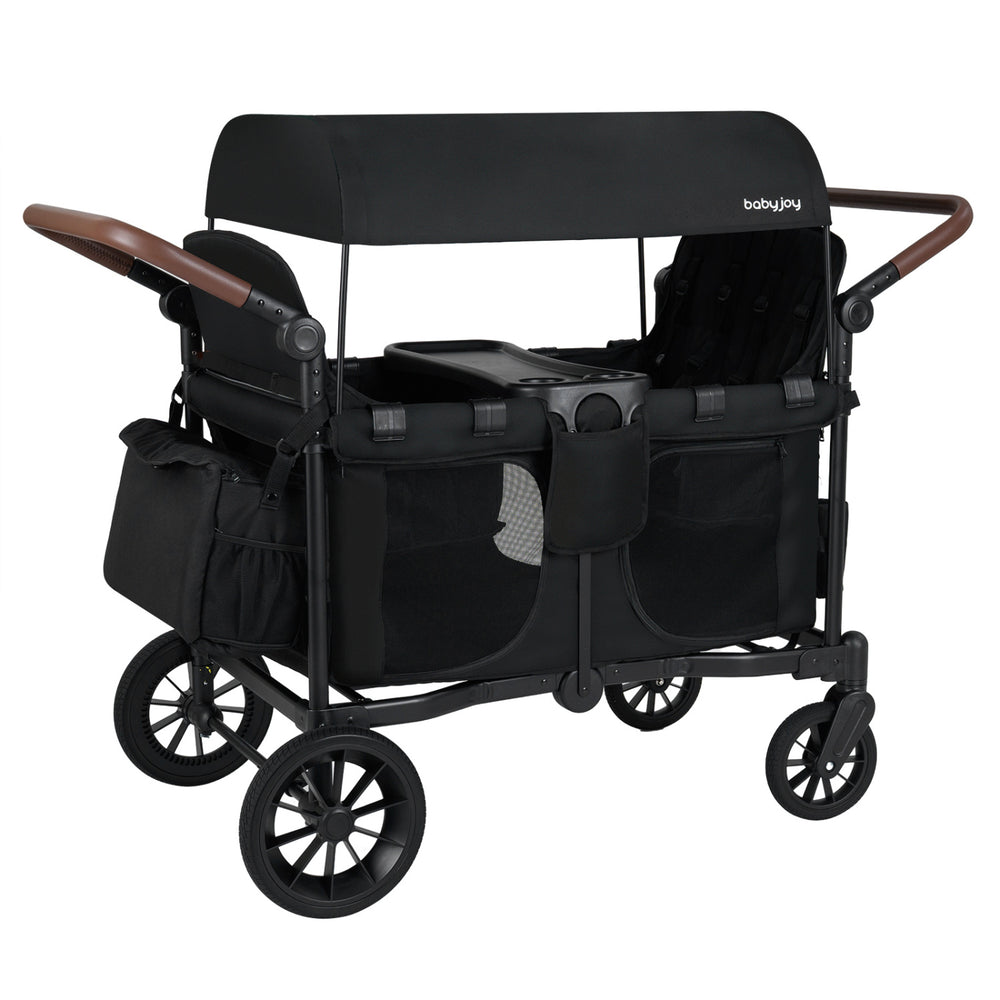 Wagon Stroller for 4 Kids Foldable 4-Seater Push-Pull Toddler Stroller-Black - Gallery View 1 of 10