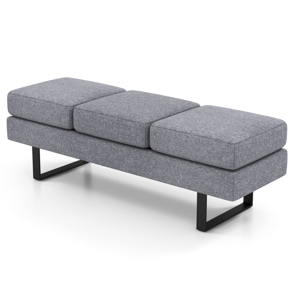 Gray waiting room bench seating for 3 adults with removable cushions and heavy-duty metal frame for stability.