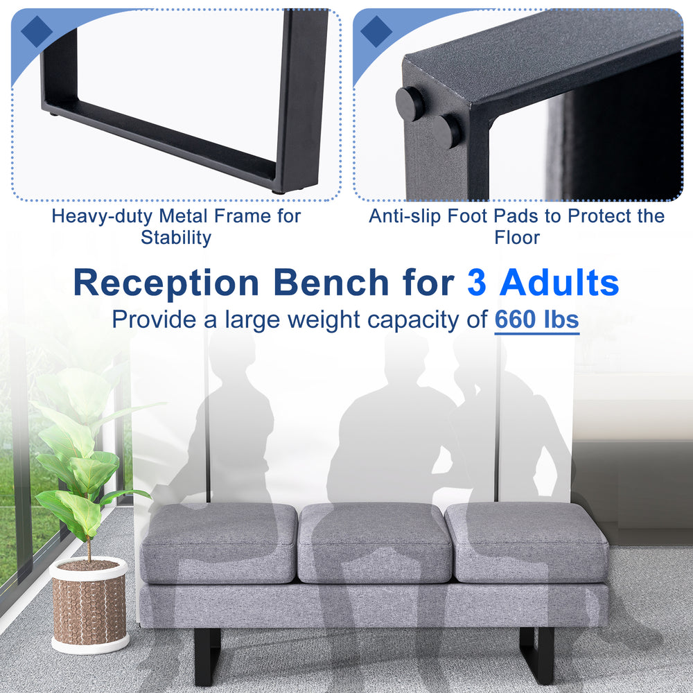 Gray reception bench seating for 3 adults, featuring a heavy-duty metal frame and removable cushions for comfort.