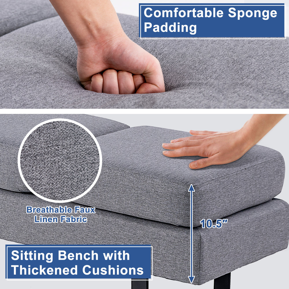 Gray waiting room bench with thickened cushions, breathable faux linen fabric, and durable metal frame for stability.