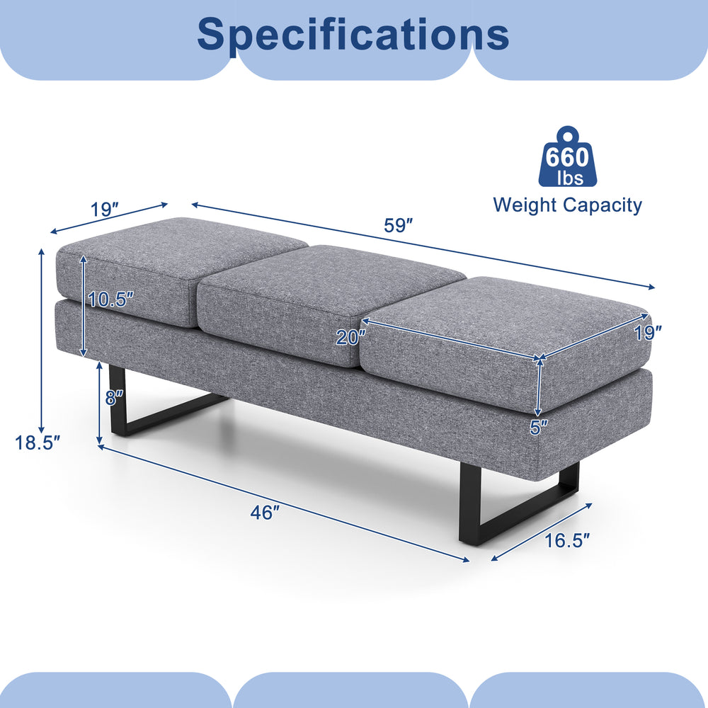 Gray waiting room bench seating with metal frame, removable cushions, 660 lbs capacity, ideal for reception areas.