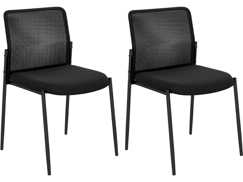Set of 2 black waiting room chairs with ergonomic mesh backrest and padded seat, ideal for office and conference use.