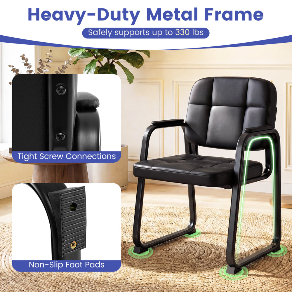 Heavy-duty metal frame reception chair with cushioned seat, ergonomic backrest, and non-slip foot pads for stability.
