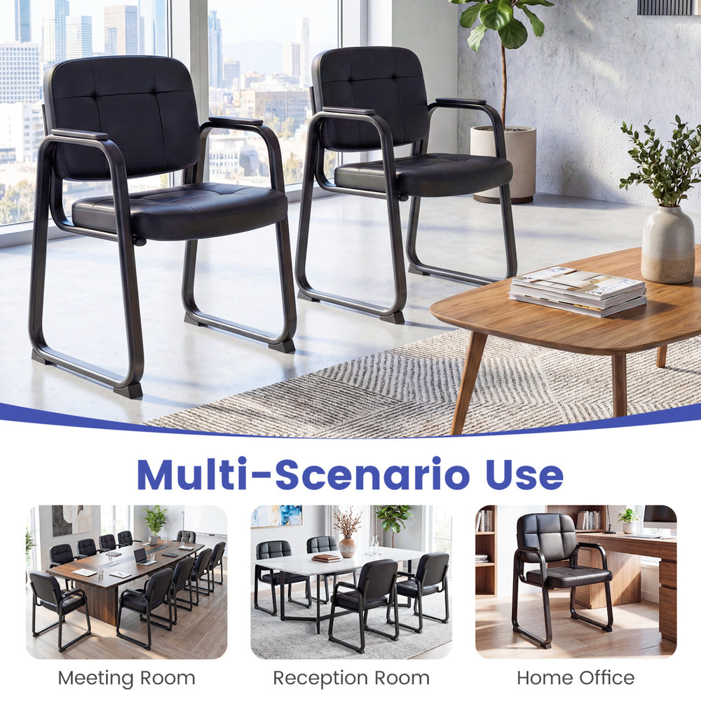 Set of 2 leather office reception chairs with cushioned seats and ergonomic backrests, ideal for meeting rooms and home.