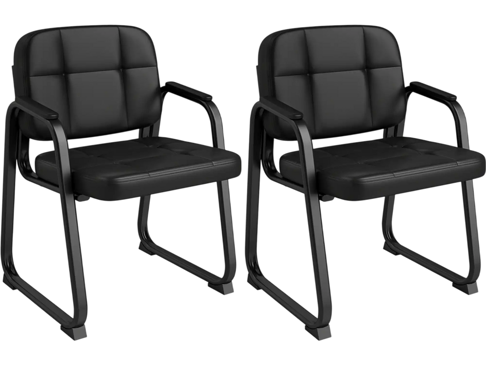 Set of 2 black leather waiting room guest chairs with padded armrests and ergonomic backrest for office reception areas.