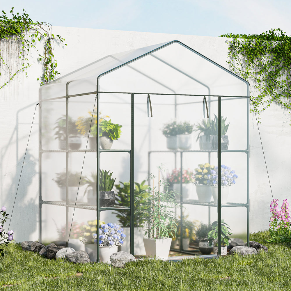 Walk-in Greenhouse with 3 Tiers 8 Shelves PVC Cover Roll-up Zippered Door-Transparent - Gallery View 1 of 10