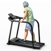 Senior using the 2.5 HP walking treadmill with long handrails, featuring an LED display and safety key for secure.