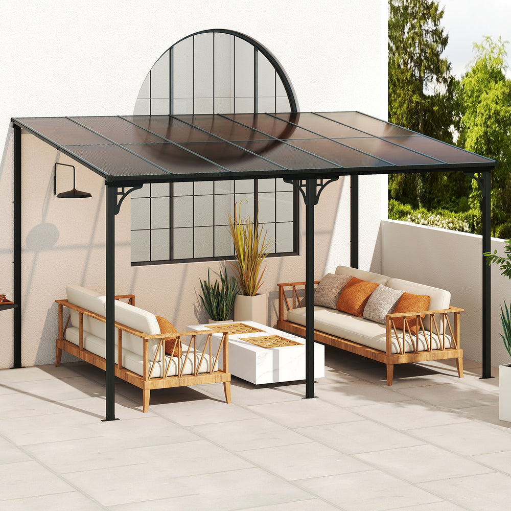 Large outdoor patio gazebo featuring a sloped polycarbonate roof, ideal for protection against rain and snow.