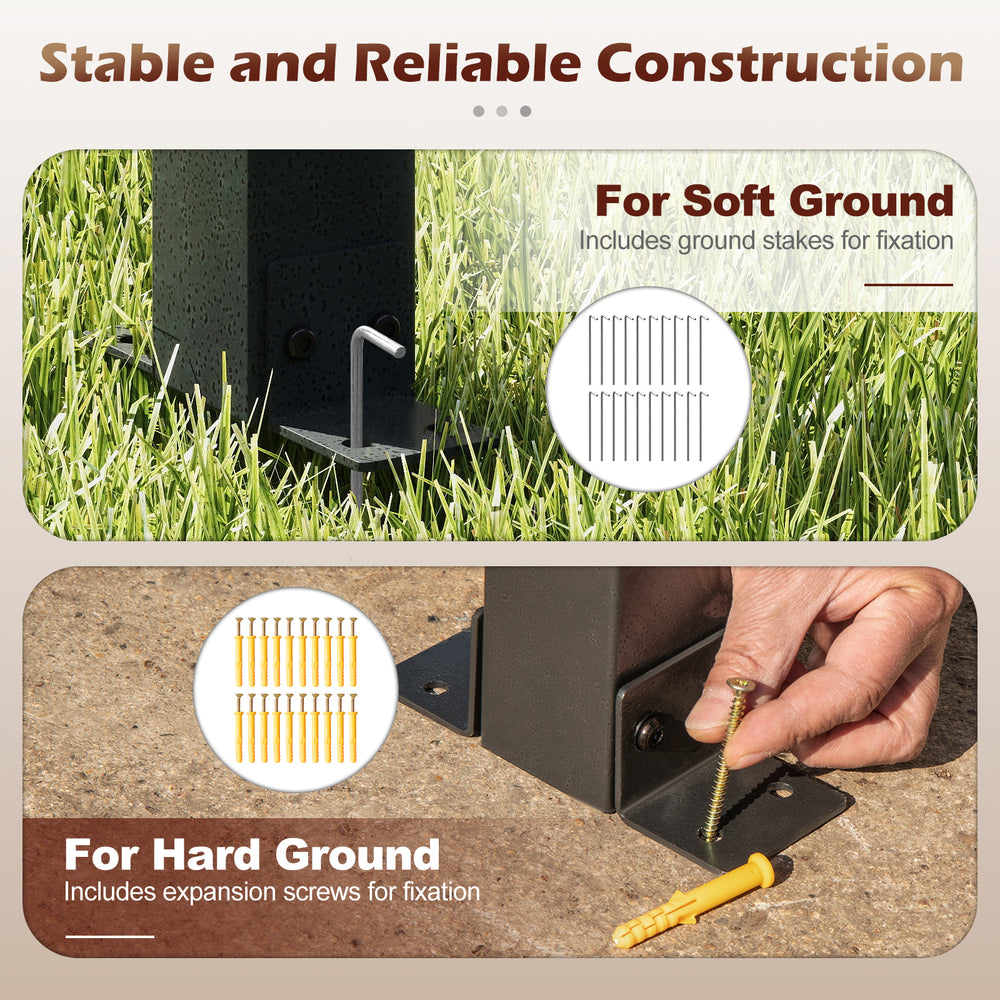 Ground stakes for soft ground and expansion screws for hard ground, ensuring stable installation of the patio gazebo.