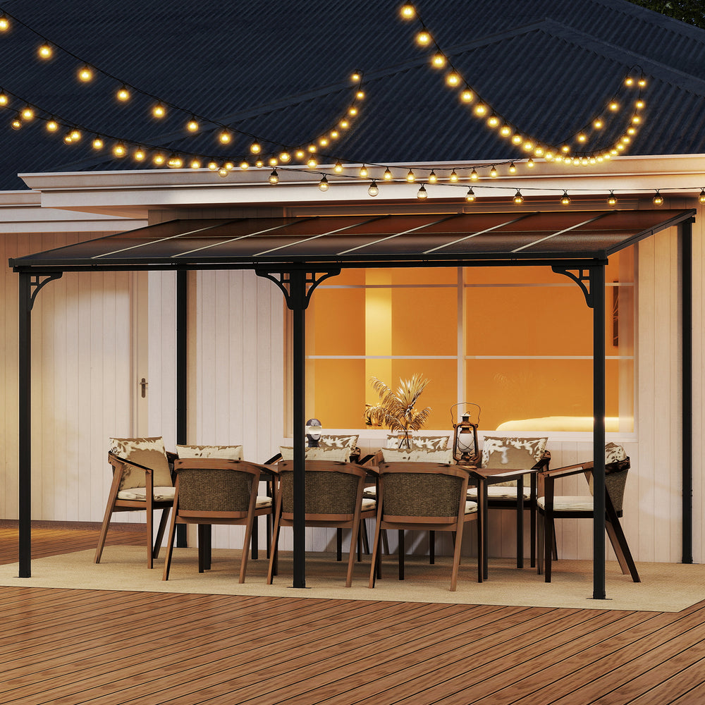 Large wall-mounted patio gazebo with a sloped polycarbonate roof, black metal frame, perfect for outdoor dining.
