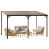 Large wall-mounted patio gazebo with a sloped polycarbonate roof, supported by a sturdy black metal frame for outdoor.