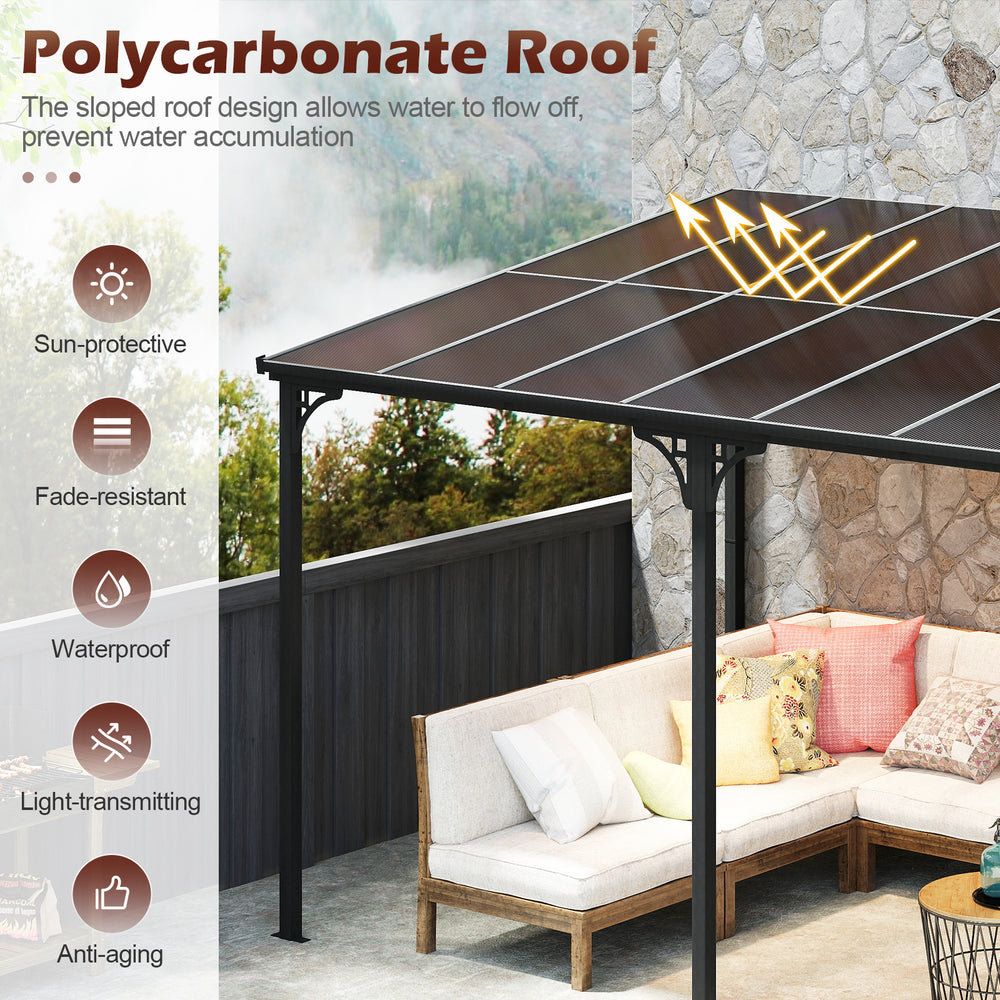 Wall-mounted patio gazebo with sloped polycarbonate roof, black metal frame, designed to prevent water pooling and.