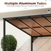 Close-up of the sloped polycarbonate roof of the black wall-mounted patio gazebo, featuring multiple aluminum tubes for.