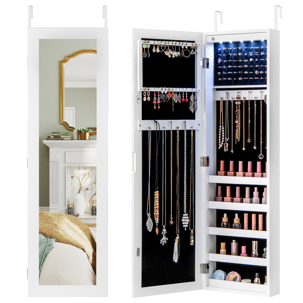 Wall-mounted jewelry cabinet with LED light, full-length mirror, and velvet lining for organized storage and protection.