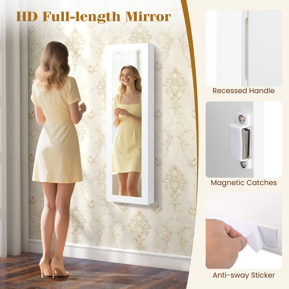 Full-length mirror and jewelry cabinet with LED light, featuring recessed handle and magnetic catches for easy access.