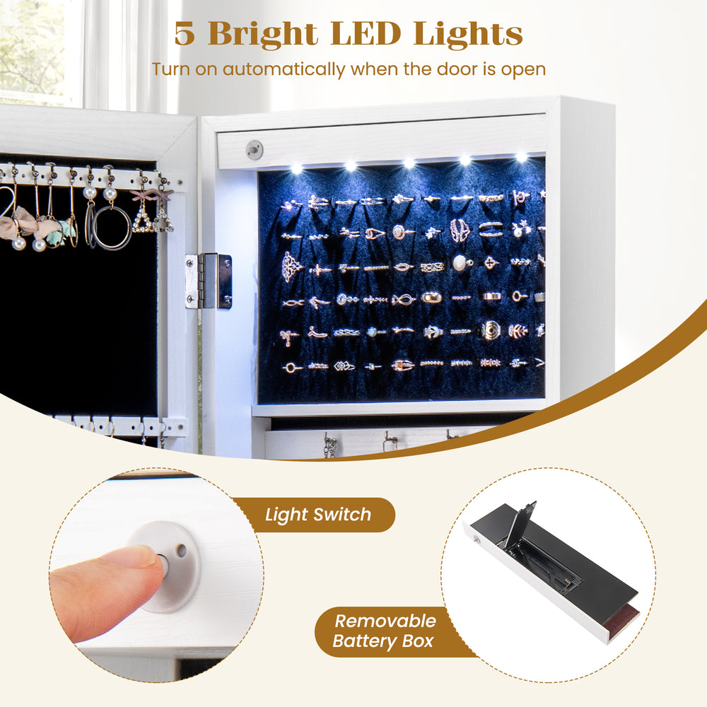 Wall and door mirrored jewelry cabinet with LED lights, featuring a light switch and removable battery box for easy use.