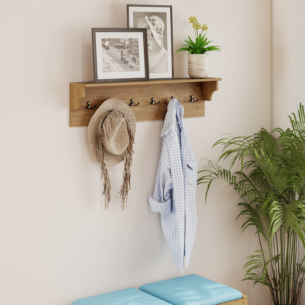 Wall Hooks with Shelf 31.5inch Wooden Coat Rack with 6 Hooks for Hats Towels Purses Robes-Natural - Gallery View 1 of 10