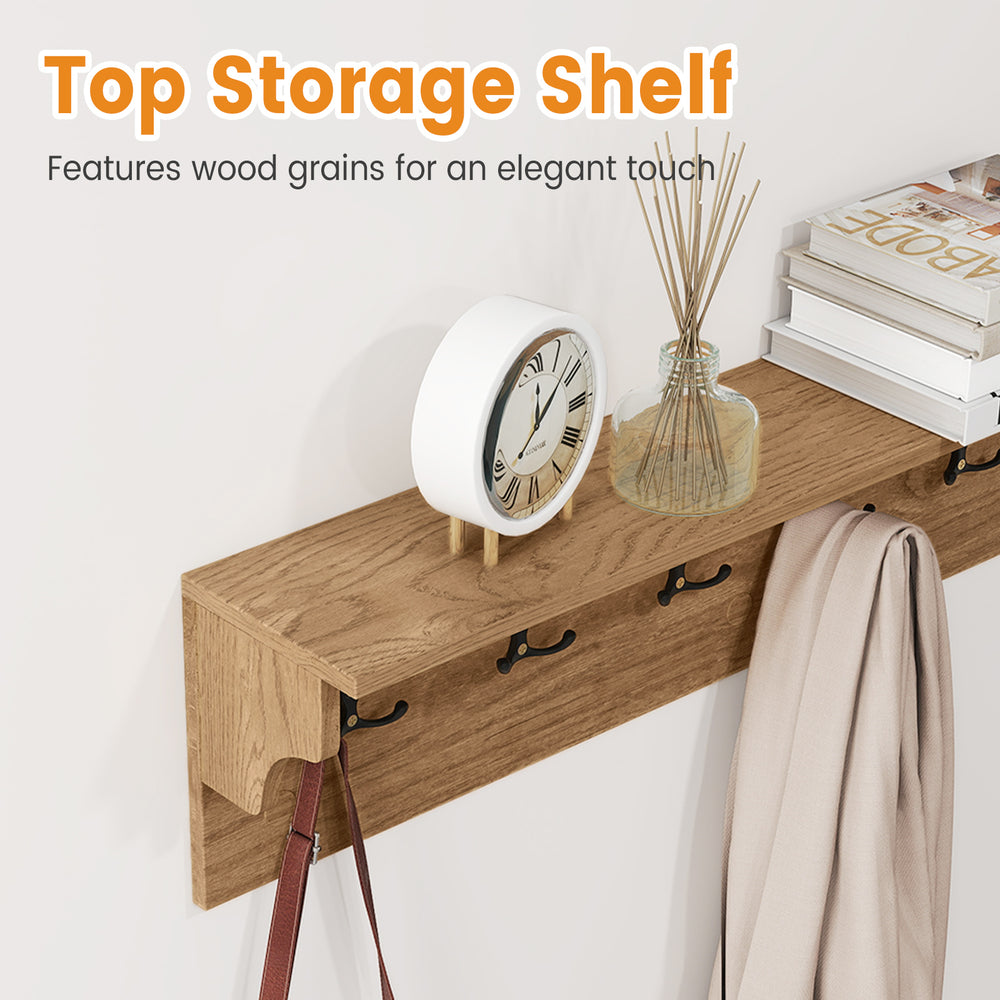 Top storage shelf with wood grains and six hooks, perfect for hats and towels in any room.