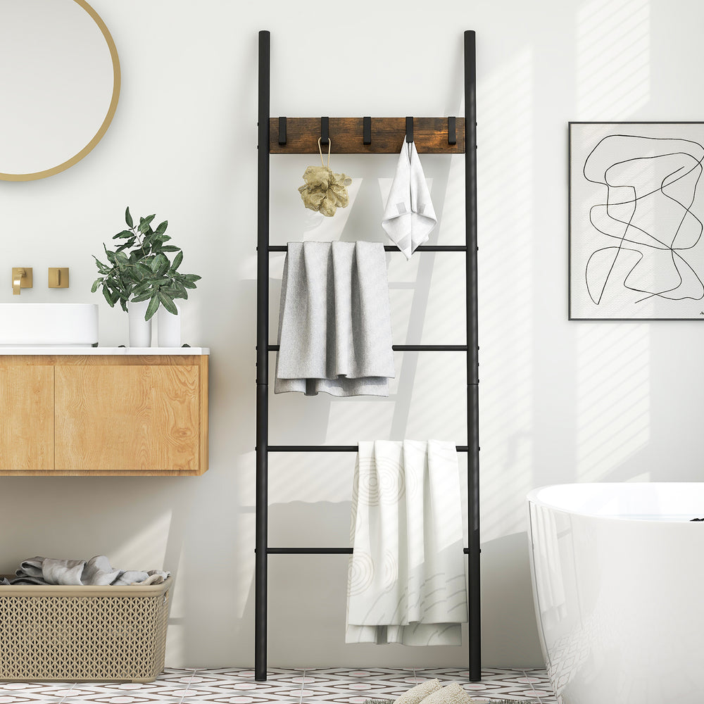 Wall-leaning decorative blanket holder with 5 removable hooks, featuring a durable metal frame for versatile home use.