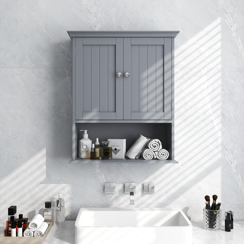 Gray wall-mounted bathroom cabinet with doors and adjustable shelves for organized storage in any space.