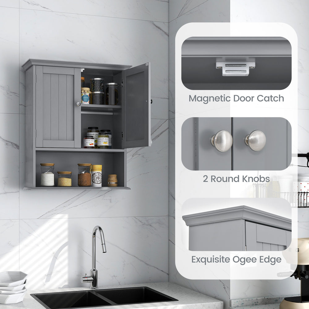 Wall-mounted gray bathroom cabinet with two doors, adjustable shelves, and a waterproof surface for versatile storage.