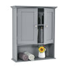 Gray wall-mounted bathroom cabinet with doors and adjustable shelves, perfect for organizing various items in small.