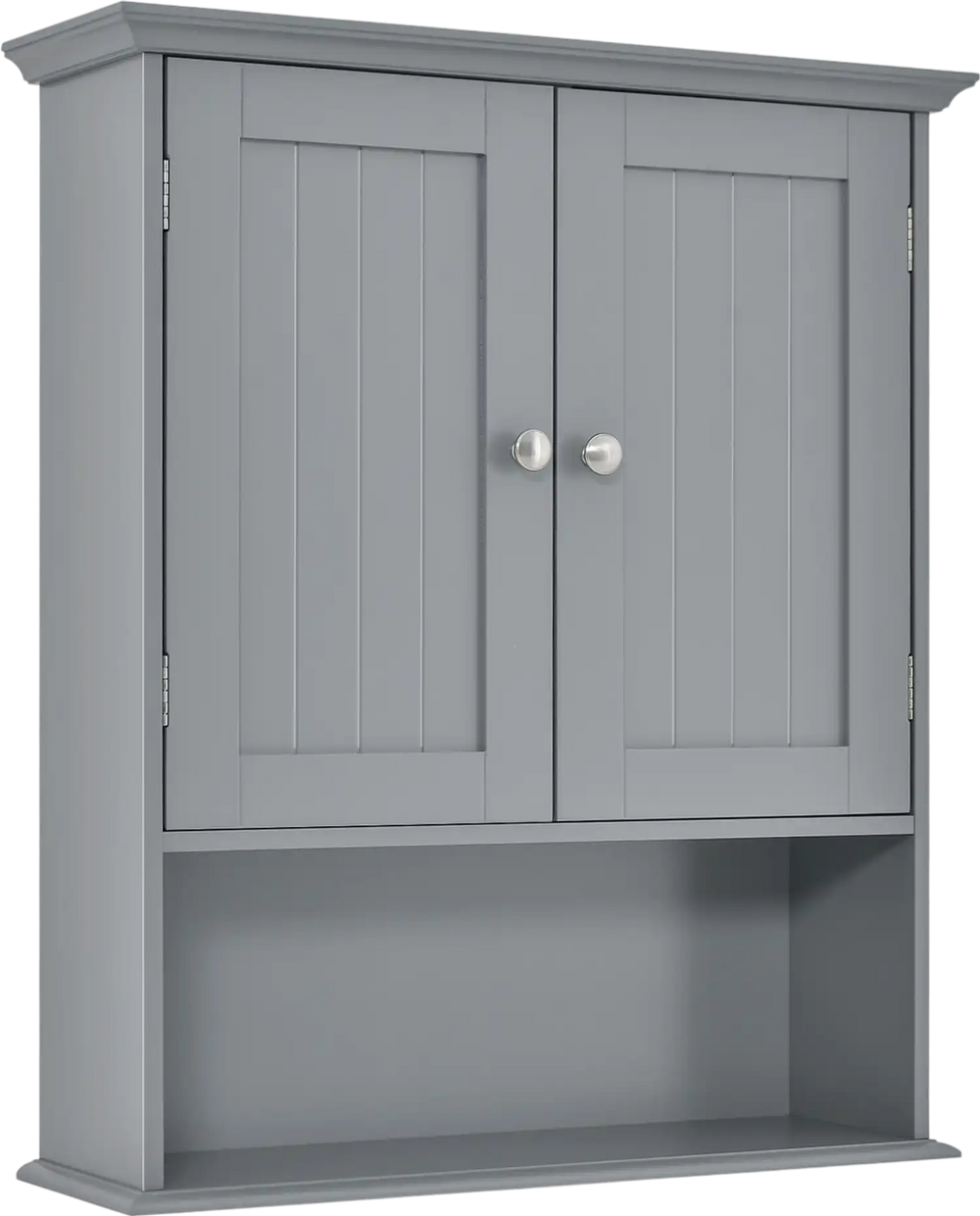 Gray wall-mounted bathroom cabinet with two doors and adjustable shelves for versatile storage solutions.