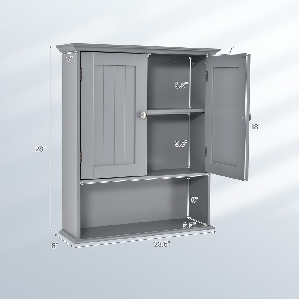 Wall-mounted gray bathroom cabinet with adjustable shelves and two doors, ideal for space-saving storage solutions.