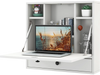 Foldable wall-mounted desk in white with laptop, six storage shelves, and a drawer, ideal for small spaces.