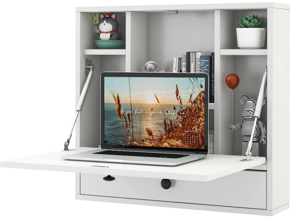 Foldable wall-mounted desk in white with laptop, six storage shelves, and a drawer, ideal for small spaces.