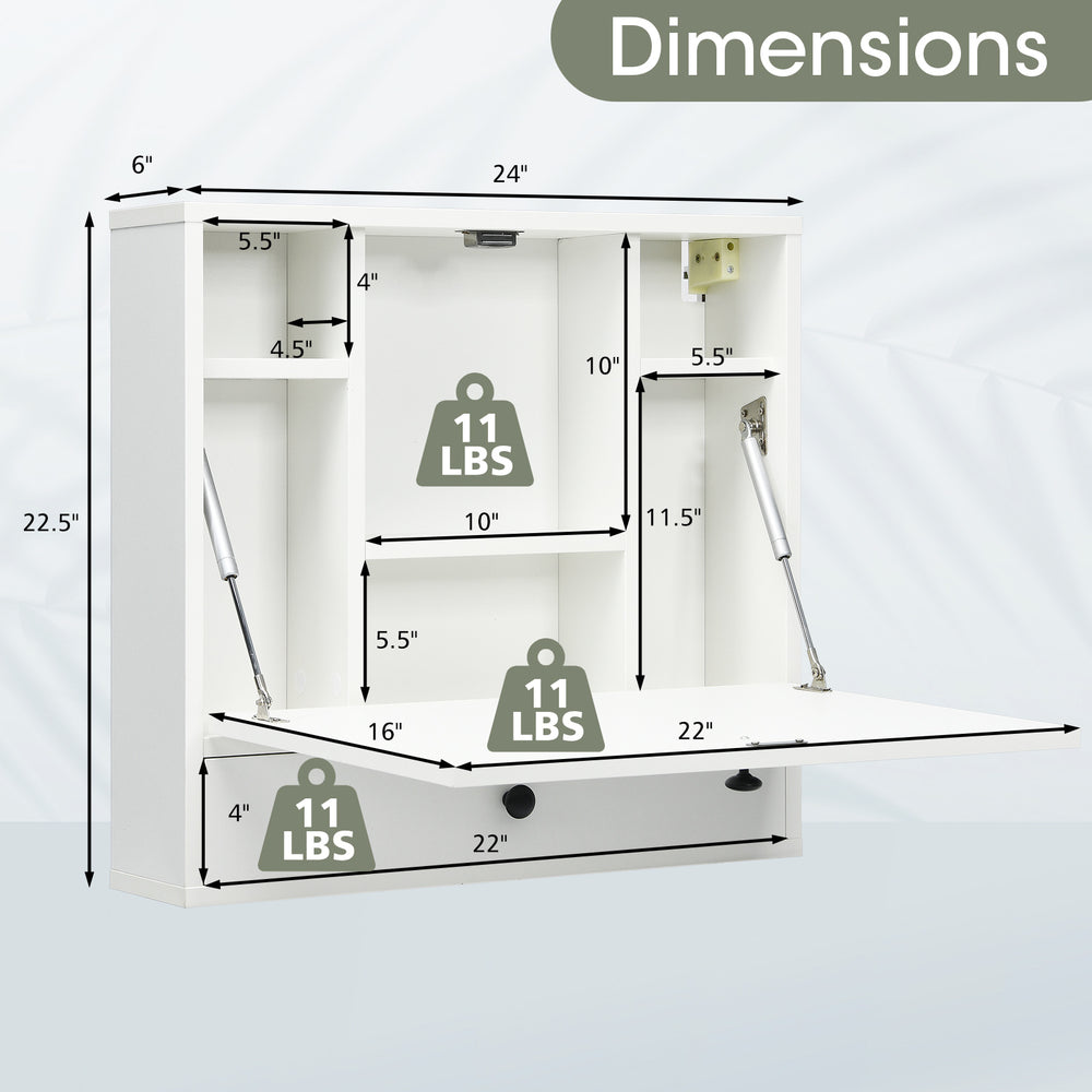 Dimensions of the white wall-mount floating desk with foldable design, featuring six storage partitions and a bottom.