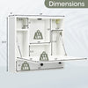Dimensions of the white wall-mount floating desk with foldable design, featuring six storage partitions and a bottom.